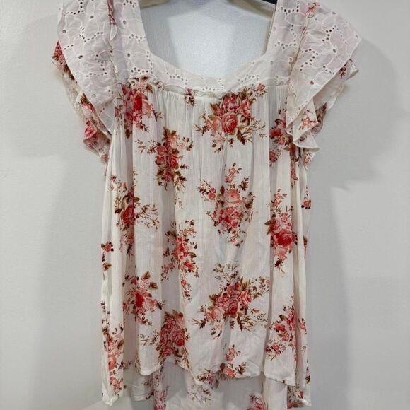 Romantic Cottagecore Floral Eyelet Blouse Large Boho Prairie Flutter Sleeve - Picture 2 of 7